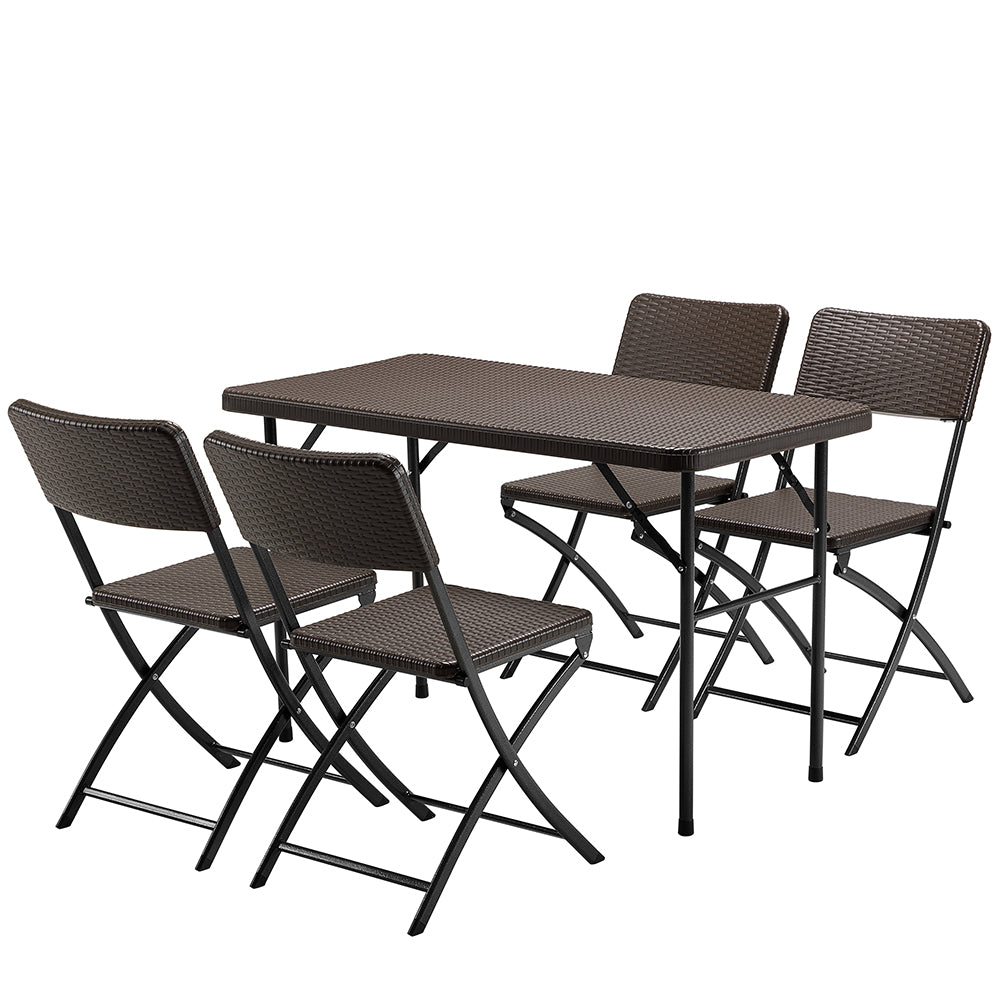 Set Tavolo Pieghevole 122x60x74 cm con 4 Sedie da Giardino in Polyrattan e Acciaio Inox Marrone