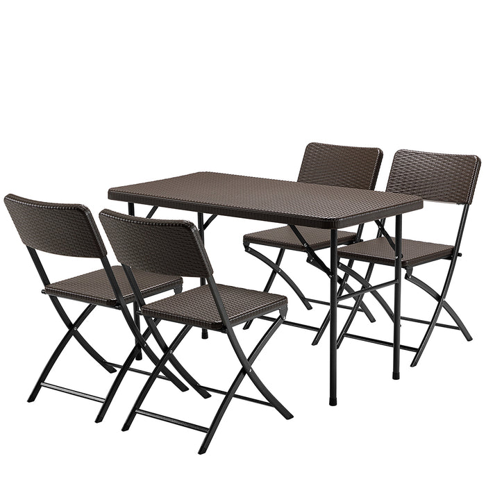 Set Tavolo Pieghevole 122x60x74 cm con 4 Sedie da Giardino in Polyrattan e Acciaio Inox Marrone