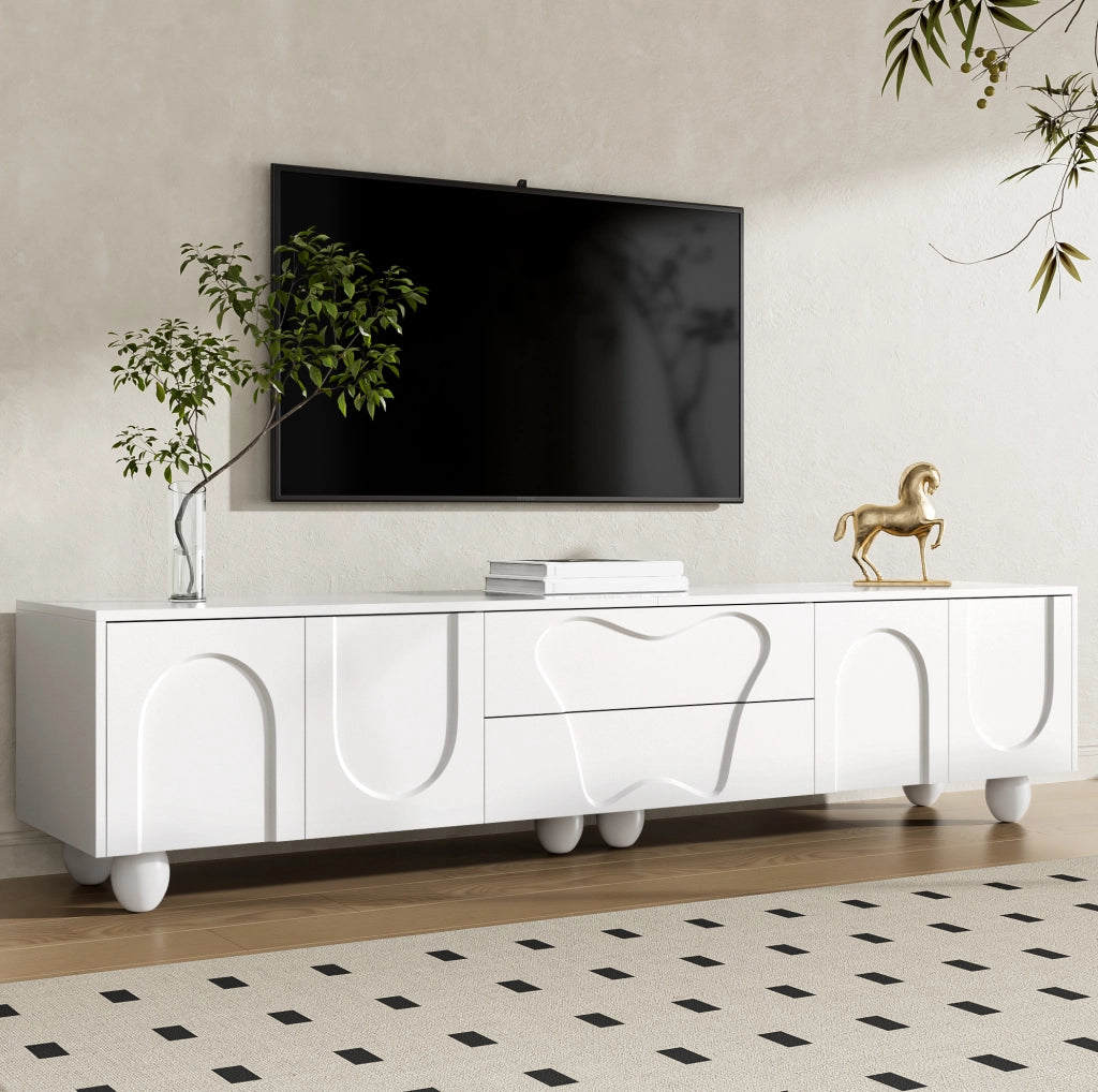 Mobile TV bianco 180 cm con gambe in legno e ampio spazio contenitore
