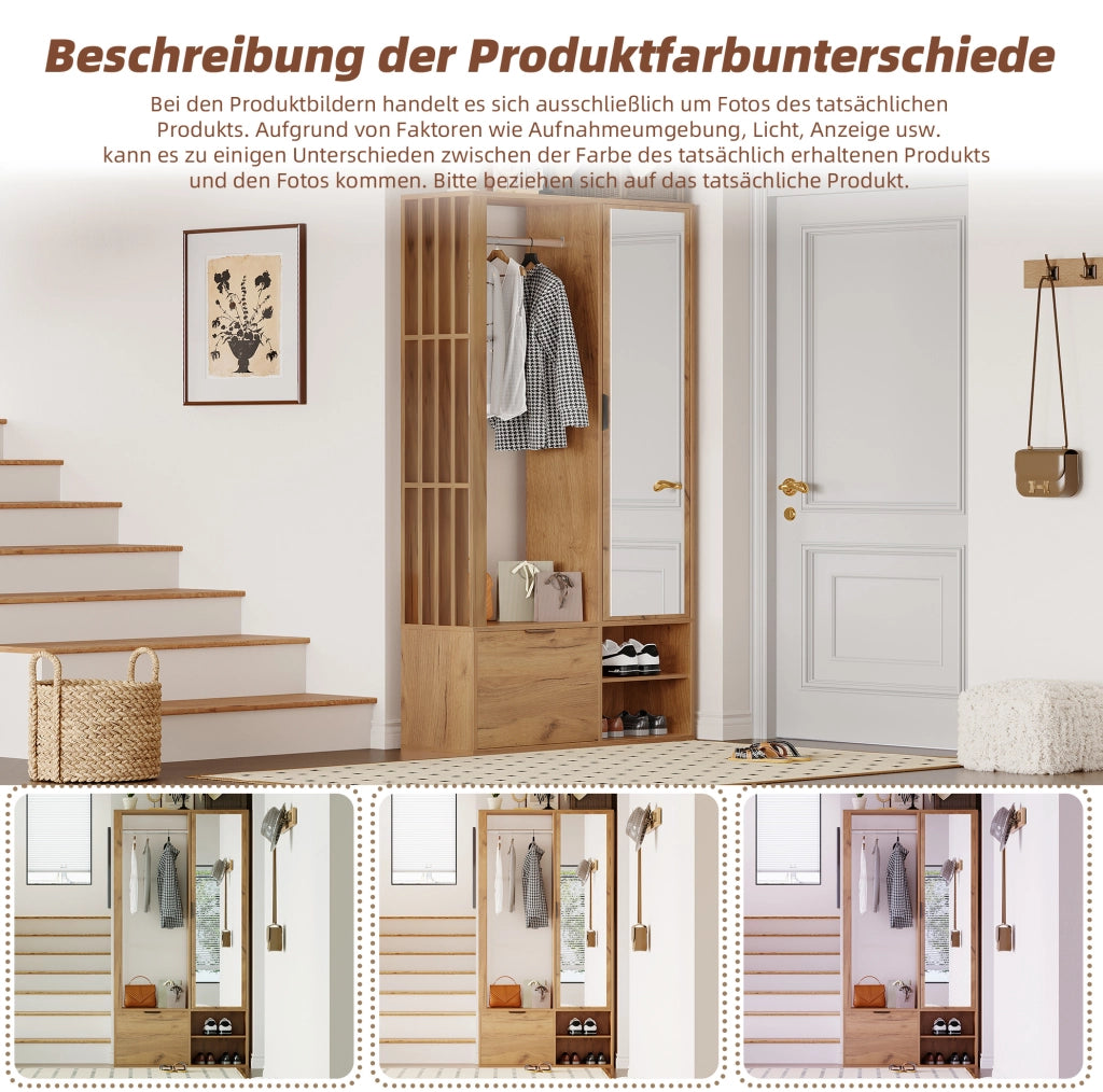Mobile ingresso 6 in 1 100 x 33 x 190 cm con specchio; appendiabiti e vani; colore legno naturale
