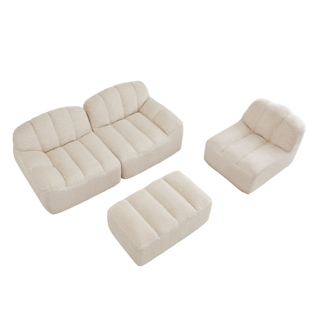 Divano modulare angolare 3 posti con pouf; 288 x 165 x 79 cm; beige e bianco