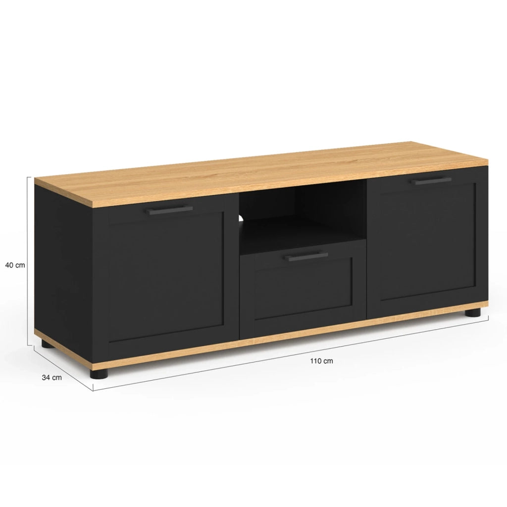 IDMarket - Mueble TV VITO con cajón y hornacina negros y tapa de madera de 110 cm