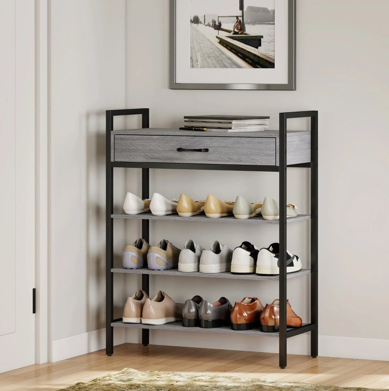Scarpiera grigia con 3 ripiani e cassetto, 70 x 30 x 87,6 cm