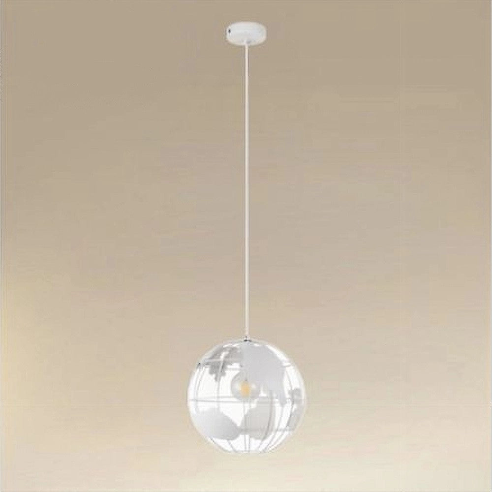 Trade Shop - Lampadario A Sospensione Mappamondo E27 In Metallo Bianco Sfera Globo Sospeso 33931 -