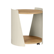 Tavolino in metallo curvato e legno con ruote, beige