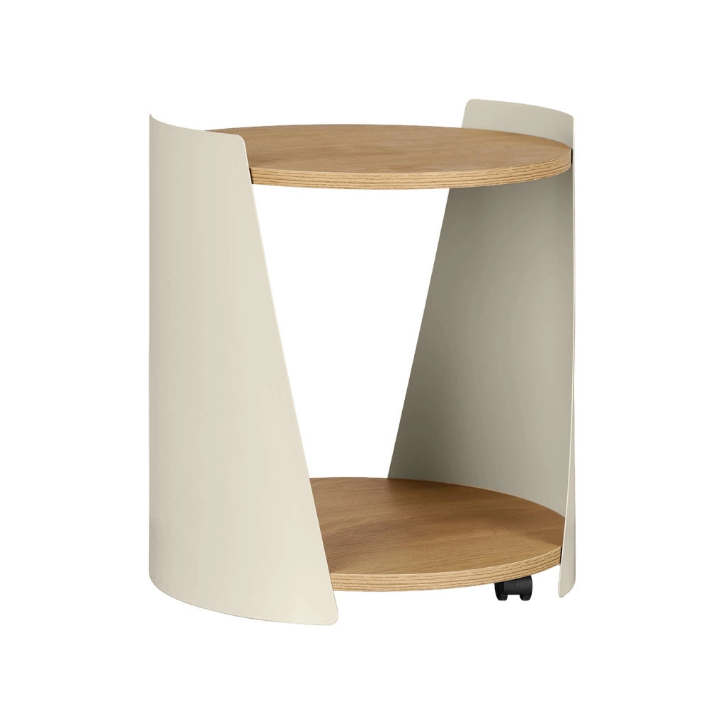 Tavolino in metallo curvato e legno con ruote, beige