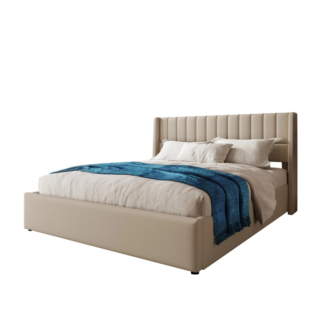 Letto matrimoniale con contenitore 140x200 cm in lino beige; testiera imbottita e rete sollevabile