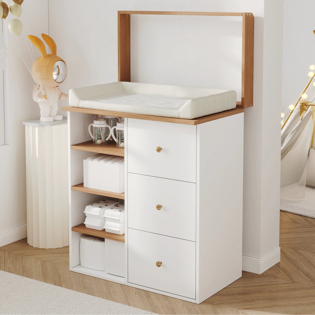 Desviae Fasciatoio per neonati 2 in 1 con cassetti e ripiani laterali in MDF bianco ed effetto legno