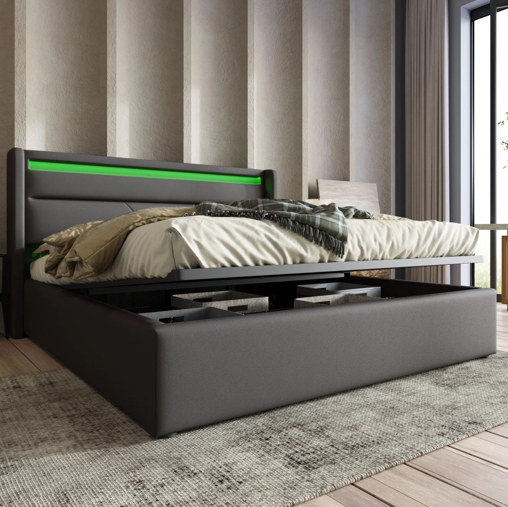 Letto contenitore 140x200 cm in PU grigio con LED