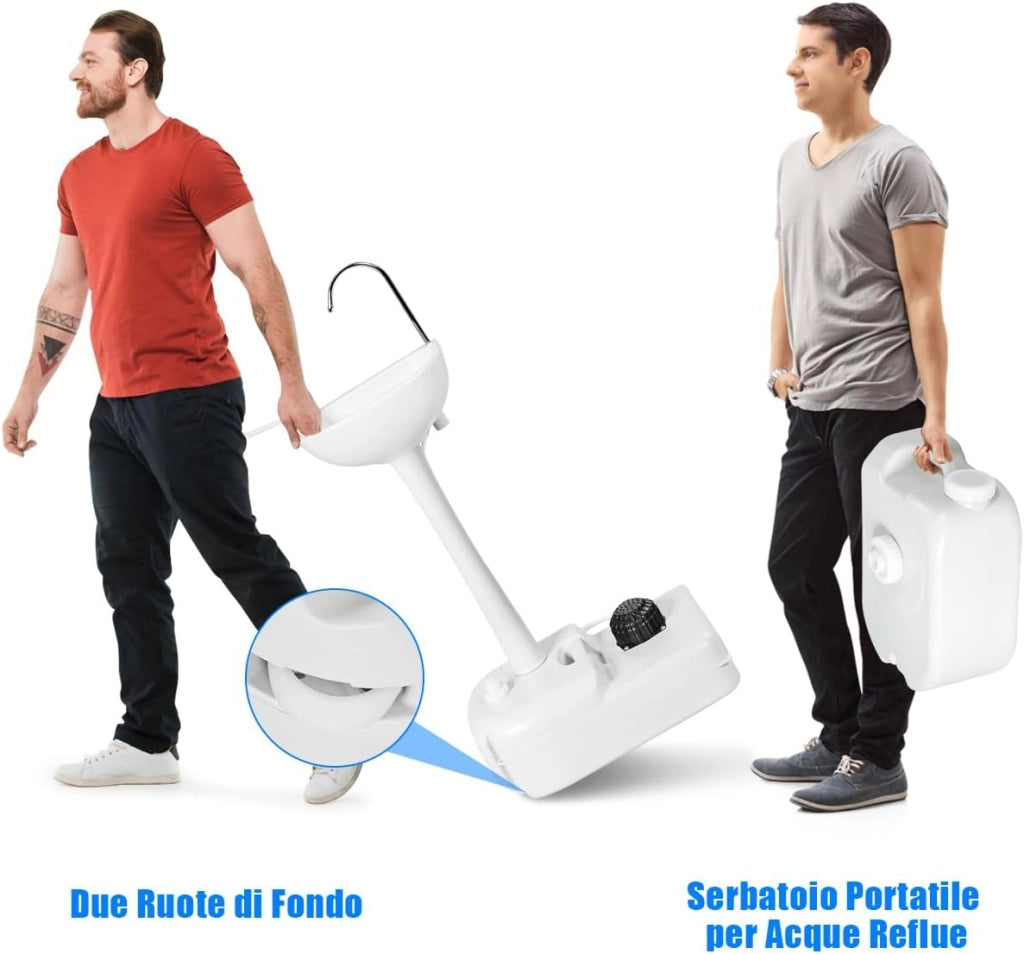 Lavandino da Campeggio con Pompa a Pedale, Lavandino Portatile con Serbatoio d'Acqua da 17L, Dispenser Sapone, Portasciugamani e Ruote (58 x34 x 102cm)