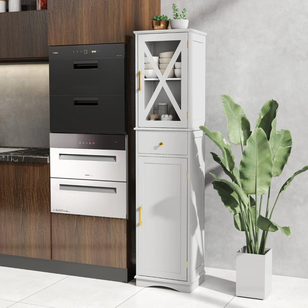 Armadio da bagno alto con cassetto per soggiorno e ufficio, Armadietto stretto in legno per cucina Bianco-Armadietti da bagno