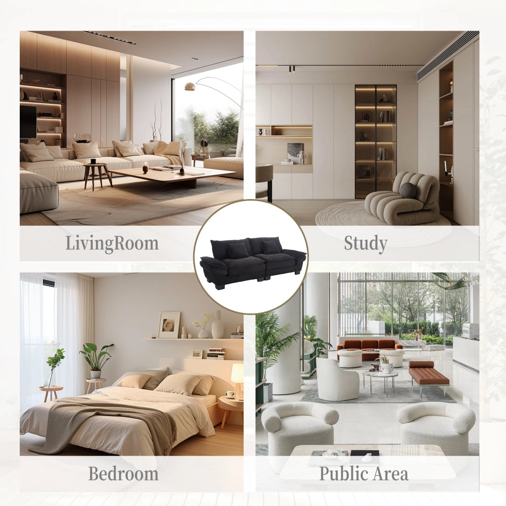 OKWISH Divano Lineare 2 Posti, Seduta Extra Profonda e Braccioli Imbottiti con 2 Cuscini, Velluto, Nero