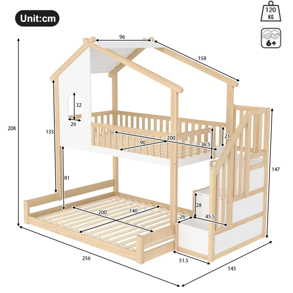 Letto a castello per bambini 90x200/140x200 cm con scala contenitore e sponde; naturale e bianco