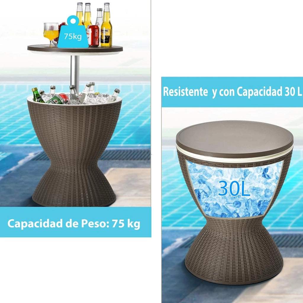 Tavolo Frigo da Giardino 3 in 1, Secchiello Ghiaccio Regolabile in Altezza 30L, con Coperchio Removibile & Foro di Scarico, 75 KG, Portaghiaccio per Giardino, Piscina, Campeggio