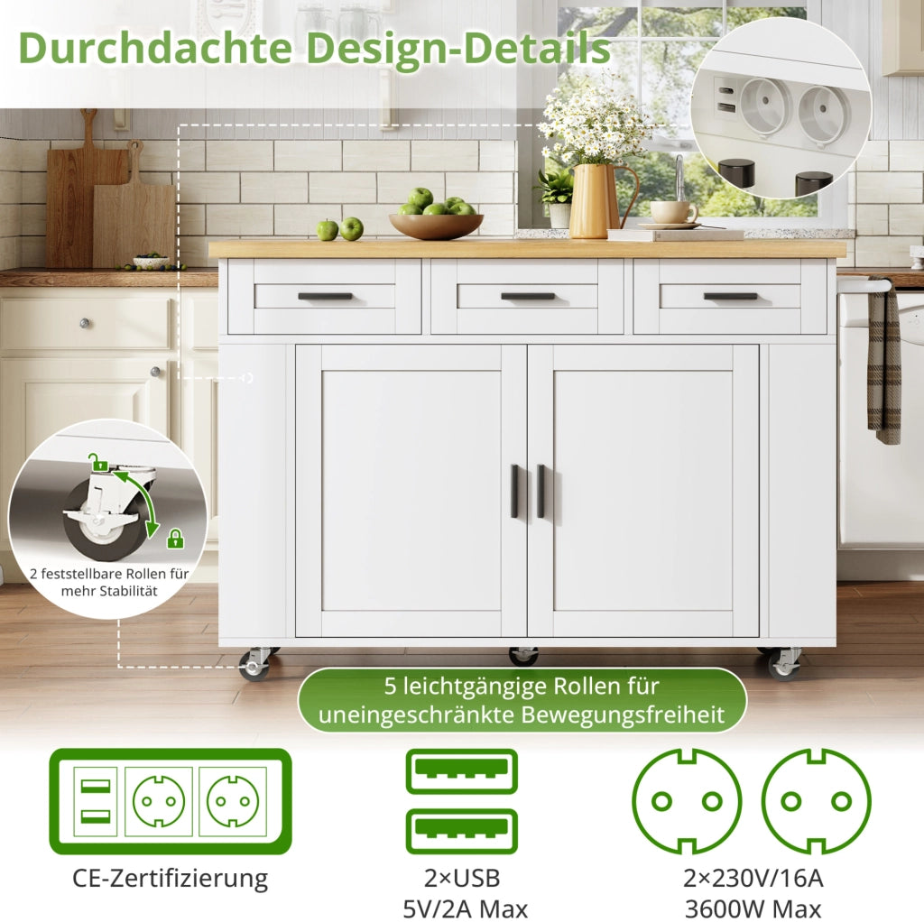 Isola da cucina con piano ribaltabile 120x45(70)x84 cm in MDF natural e bianco