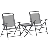 Set da Giardino con Tavolo con Piano in Vetro e 2 Sedie Pieghevoli con Schienale Regolabile, Grigio