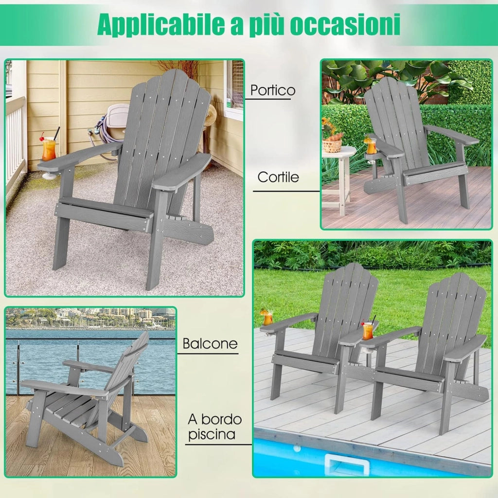 Sedia da Giardino Adirondack in HIPS, Sedia Adirondack con Portabicchieri, Poltrona da Esterno Resistente, per Giardino, Balcone, Piscina, Portata 150 kg (2, Grigio)