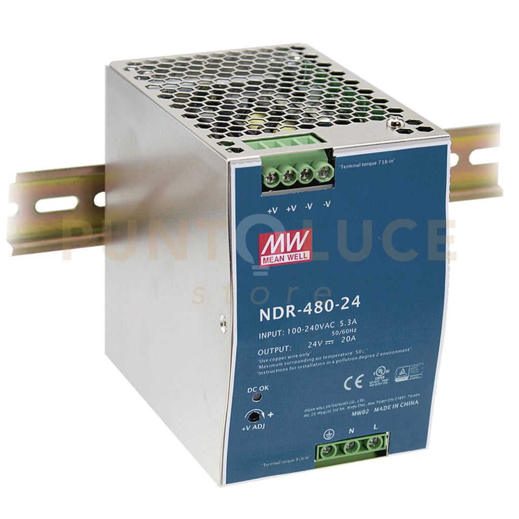 I-DRIVER-NDR-480-24 DRIVER GUIDA DIN INDUSTRIALE USCITA SINGOLA 24V 480W 20A INPUT AC90-264V DC127-370V 8,55X12,52X12,85
