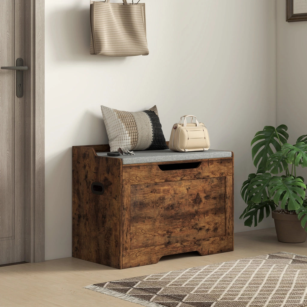 Panca Contenitore da 103L Multifunzione 75x40x56 cm color Legno con Cuscino in Tessuto Grigio