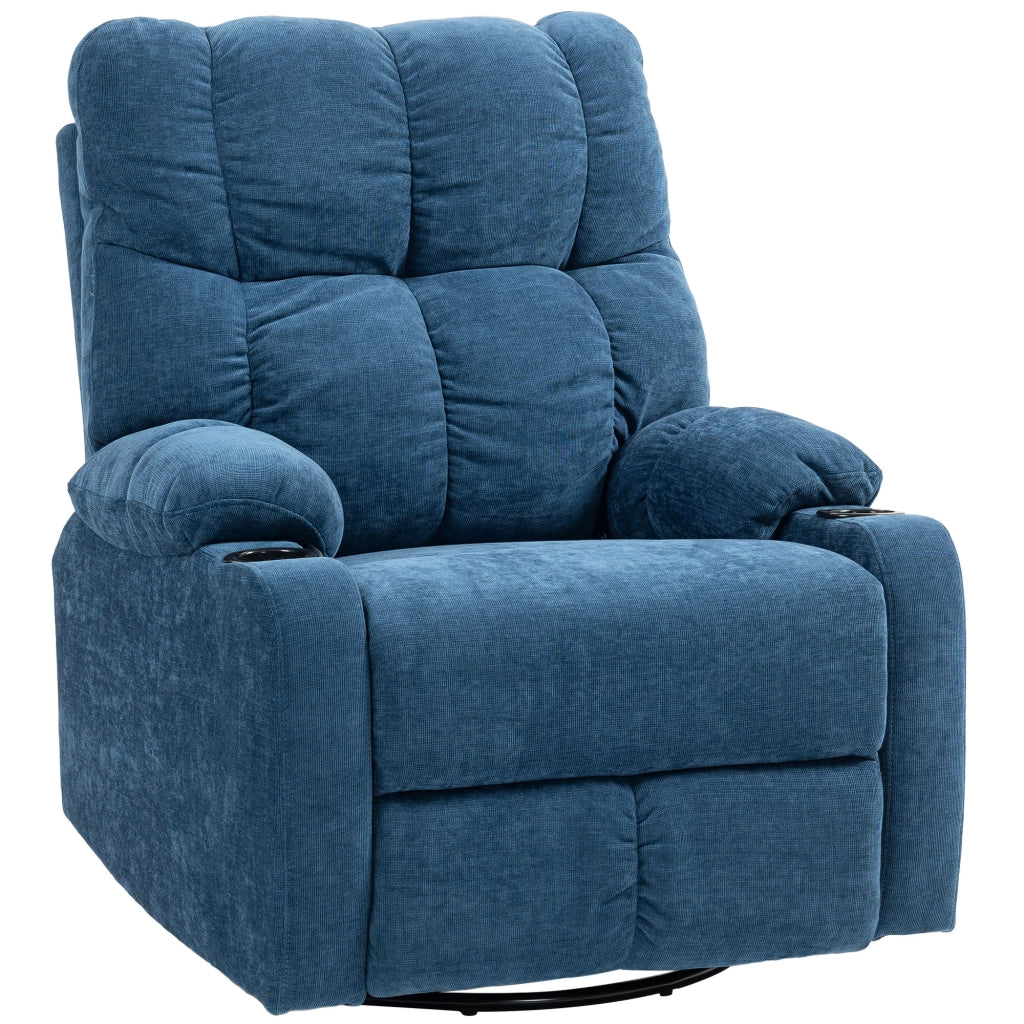 Poltrona relax girevole e basculante con funzione reclinabile, portabicchieri e rivestimento effetto lino blu