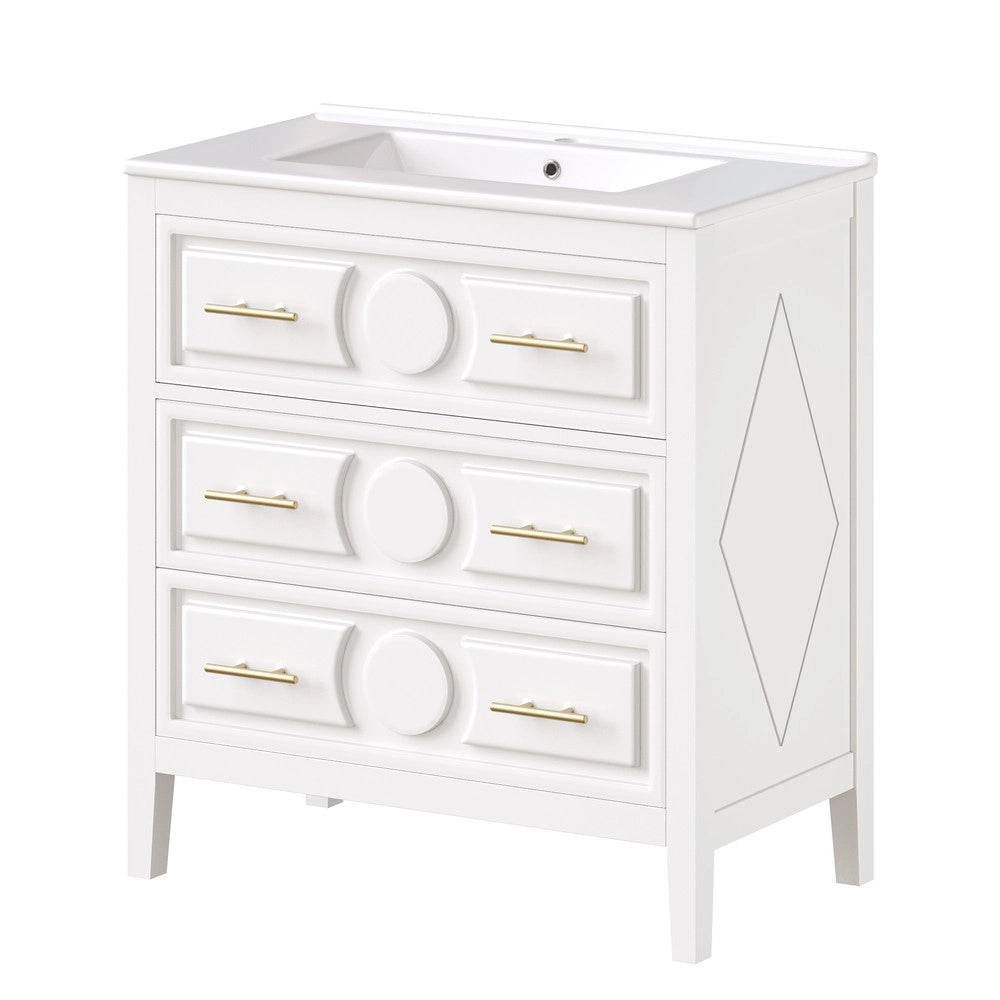 Mobile Bagno con Lavabo in Ceramica ¨C Xylo ¨C Bianco, 3 Cassetti, Soft-Close, 81x46,5 cm