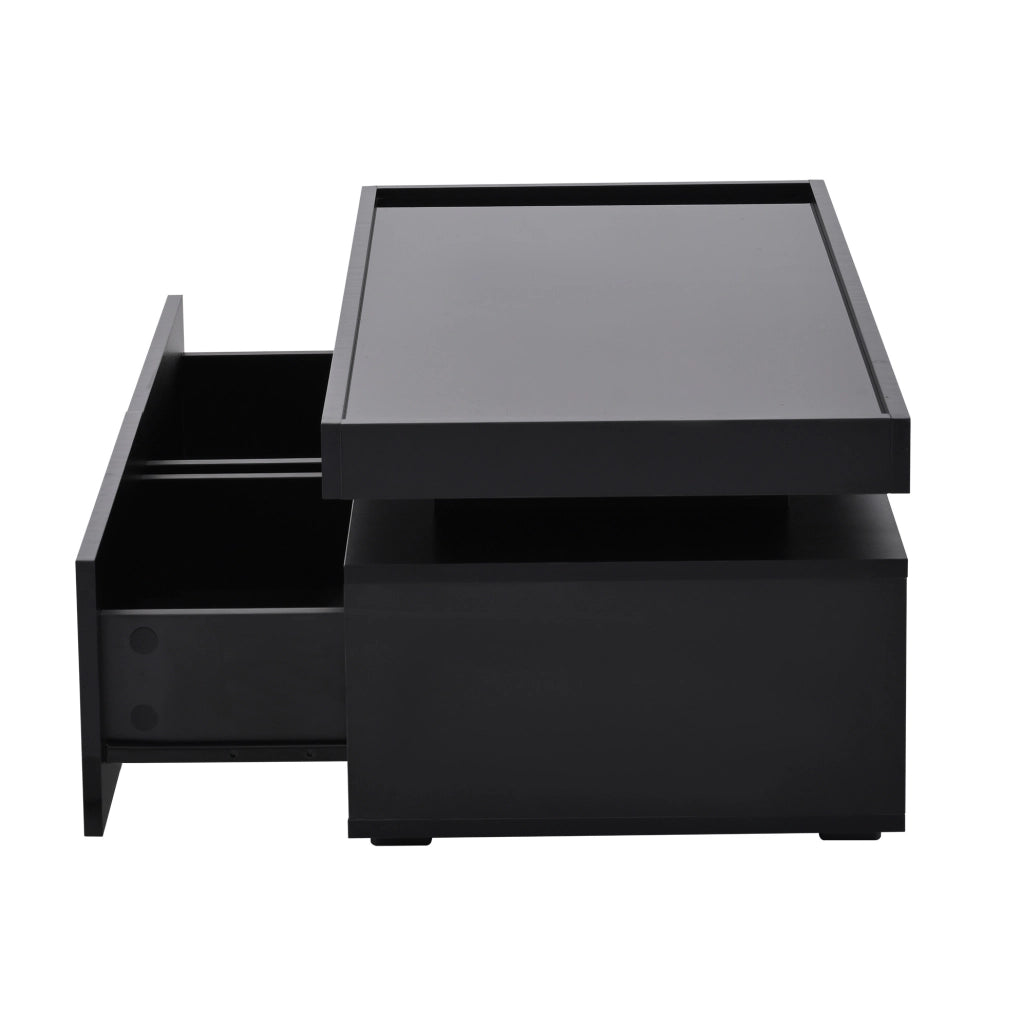 Tavolino da salotto moderno 95x45x35 cm nero lucido con LED; 2 cassetti e ripiano aperto
