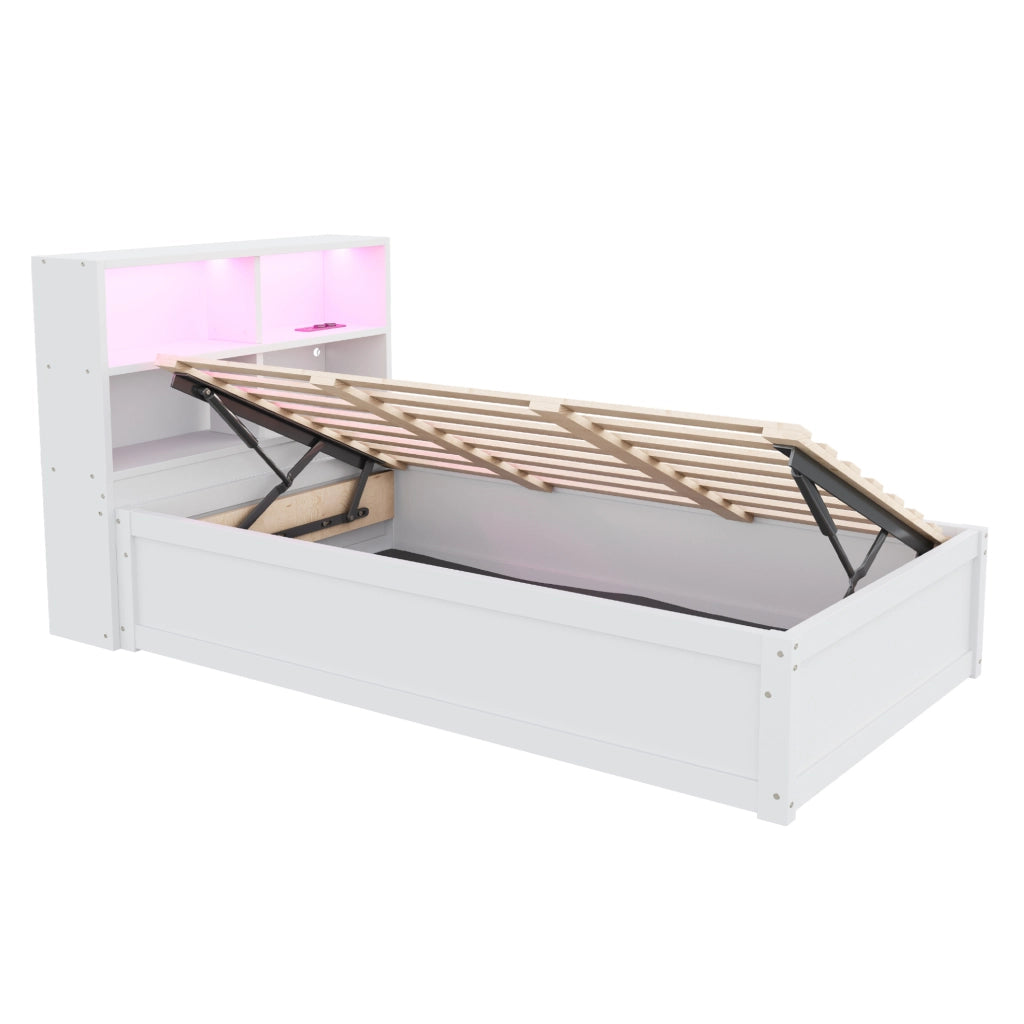 Letto multifunzione 90x200 cm con presa integrata; LED e 4 vani contenitore; bianco