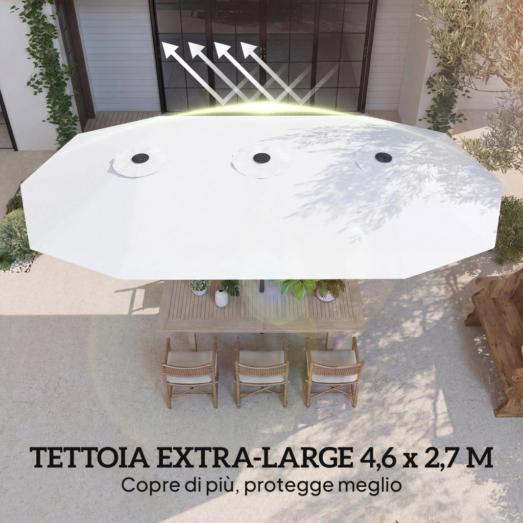 Ombrellone Doppio a 12 Stecche con Manovella, in Metallo e Poliestere, 4.6x2.7 m, Bianco