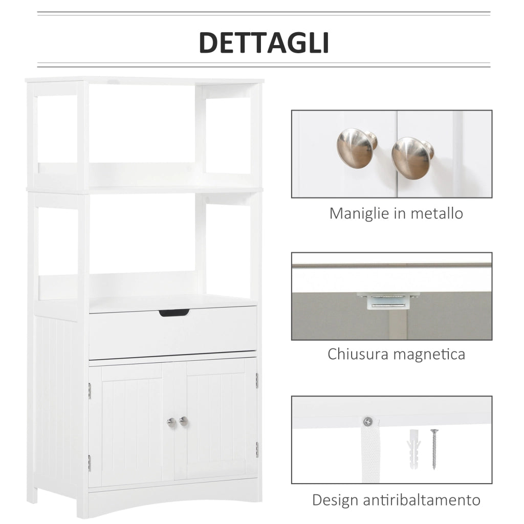 EasyComfort Mobile Bagno con Mensole, Armadietto e Cassetto, Mobiletto da Bagno Multiuso in Legno, Bianco, 60x33x122.5cm