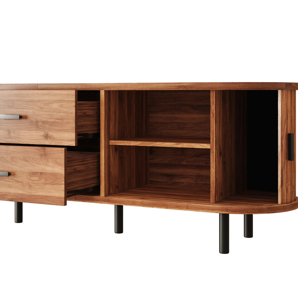 TV lowboard 150x40x55 cm con 2 cassetti e ante scorrevoli; noce; MDF e pannello truciolare