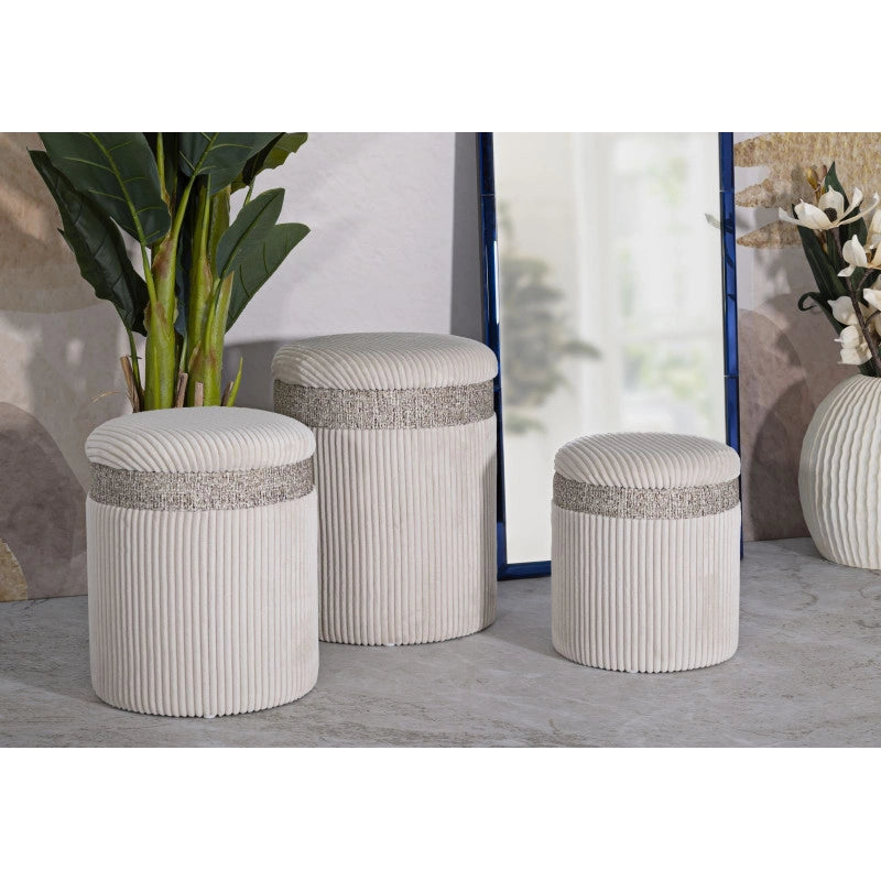 Puff Con Contenitore Cortina Crema Set 3 Pz cm ø 40,5x49,5-35x42-31x38