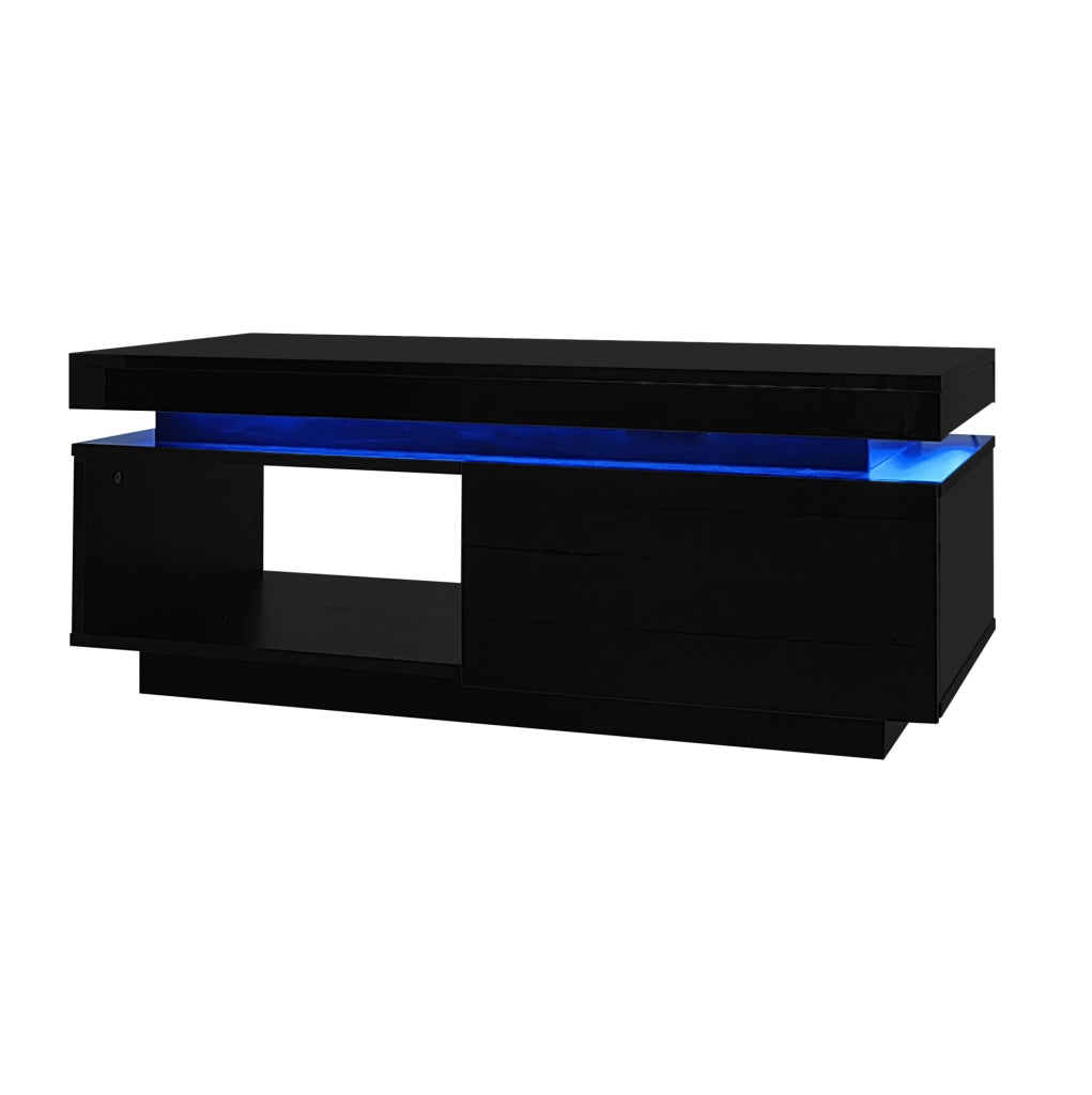 Tavolino da caffè moderno lucido con LED e cassetto; 100x50x40;3 cm; nero