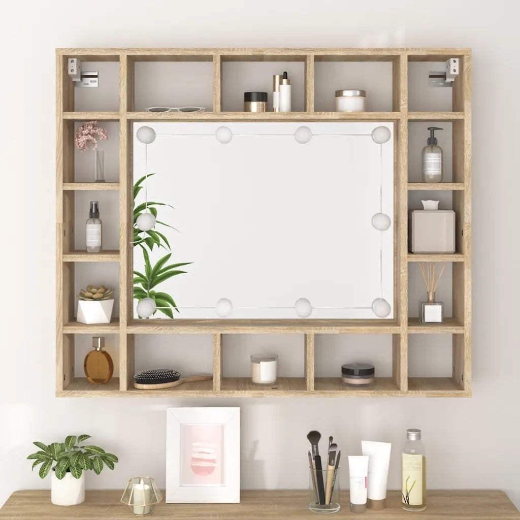 Mobile a Specchio con LED-Armadietto a Specchio Rovere Sonoma 91x15x76,5 cm