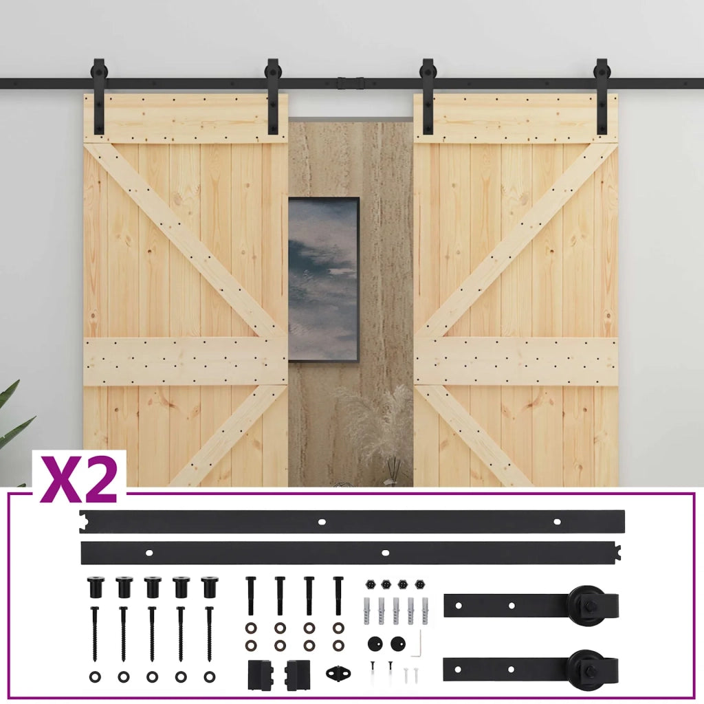 Porta scorrevole 2 pcs Naturale e Nero Legno Massello di Pino