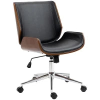 Sedia da Ufficio Vintage Imbottita, in Finta Pelle, Legno e Acciaio, 53x60x86-96 cm, Nero e Marrone Scuro