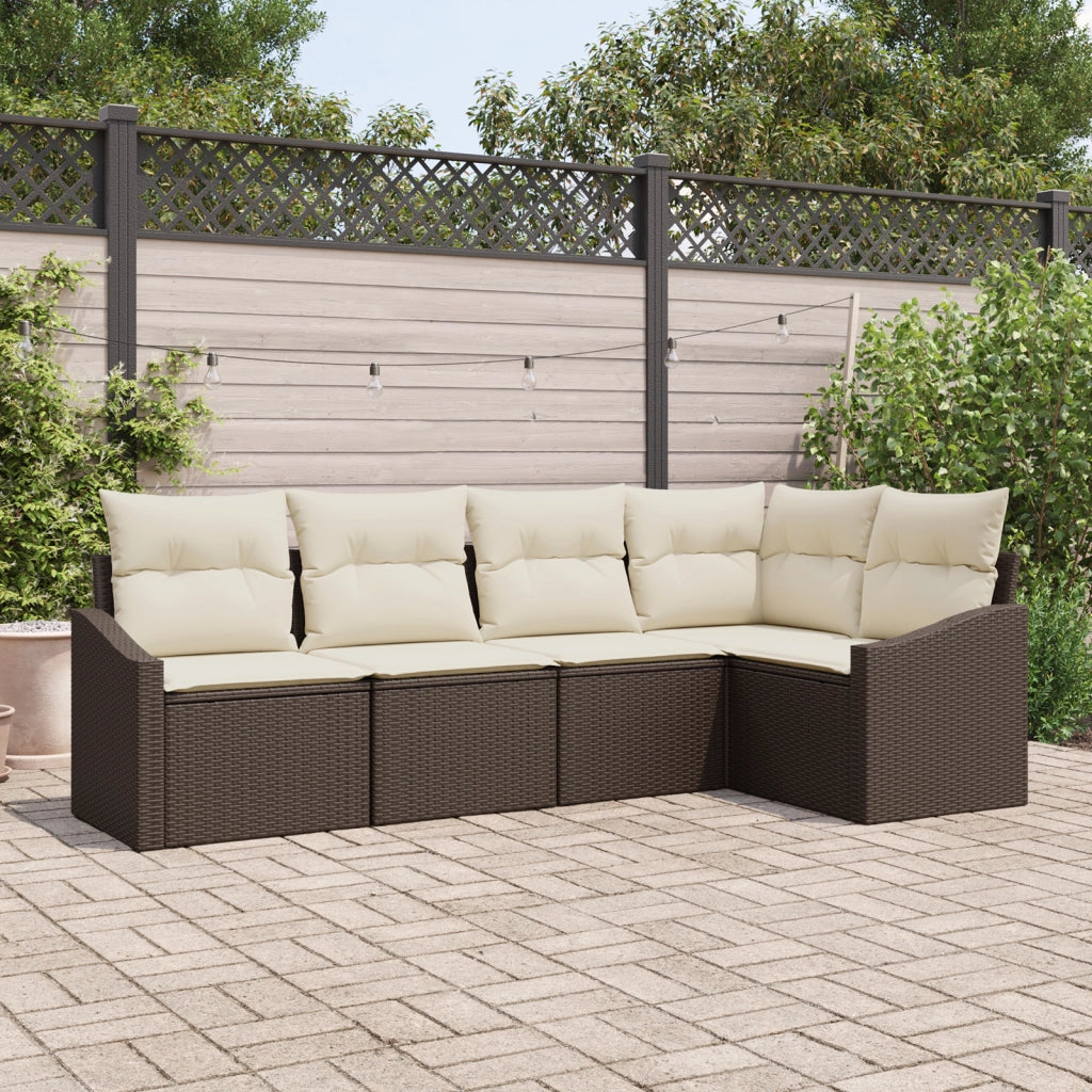 Set Divano da Giardino 5 Pezzi con Cuscini Rattan Marrone Poly