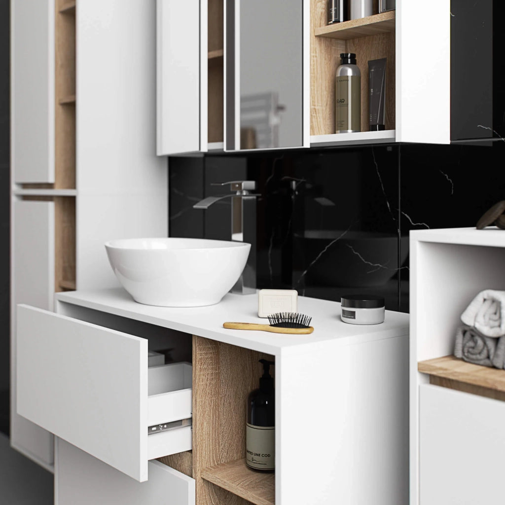 Pensile bagno con specchio VAMI Bianco, Sonoma Quercia 90 cm 2 ante 90x15x75 cm