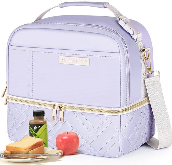 Borsa a doppio strato per donne con pelle veganistica in stile - Grande borsa isolante e impermeabile con cinturino regolabile per lavoro, picnic e regali natalizi per donne