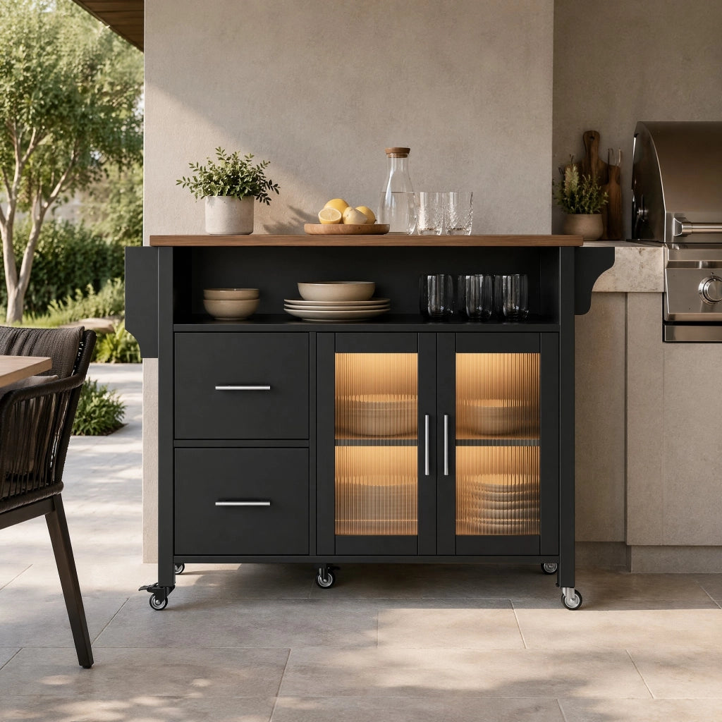 Isola cucina nera con ante in vetro, LED e ruote