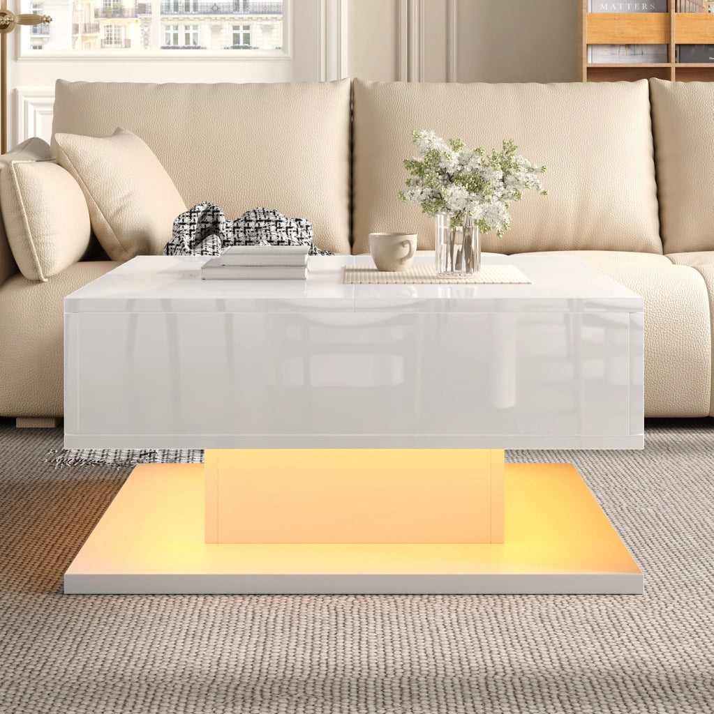 Tavolino da caffè con piano sollevabile; coperchio ribaltabile; 2 cassetti e LED APP; bianco