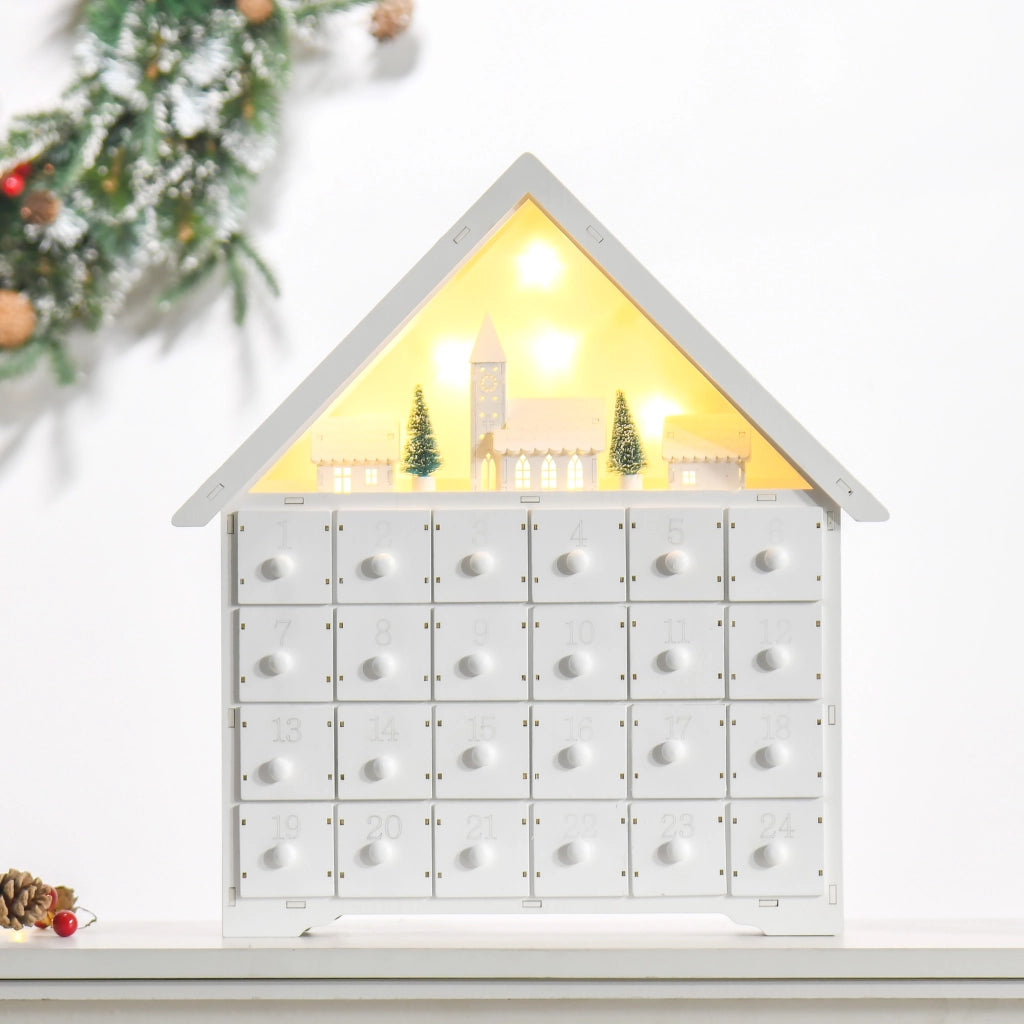 Calendario dell'Avvento in Legno con 24 Cassetti e Luci LED ¨C zephmum ¨C Bianco 39x9x42 cm