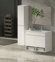 Mobile Bagno NEBARI Già Montato 2 portas, lavabo e specchio Bianco lucido 100x40 cm con colonna