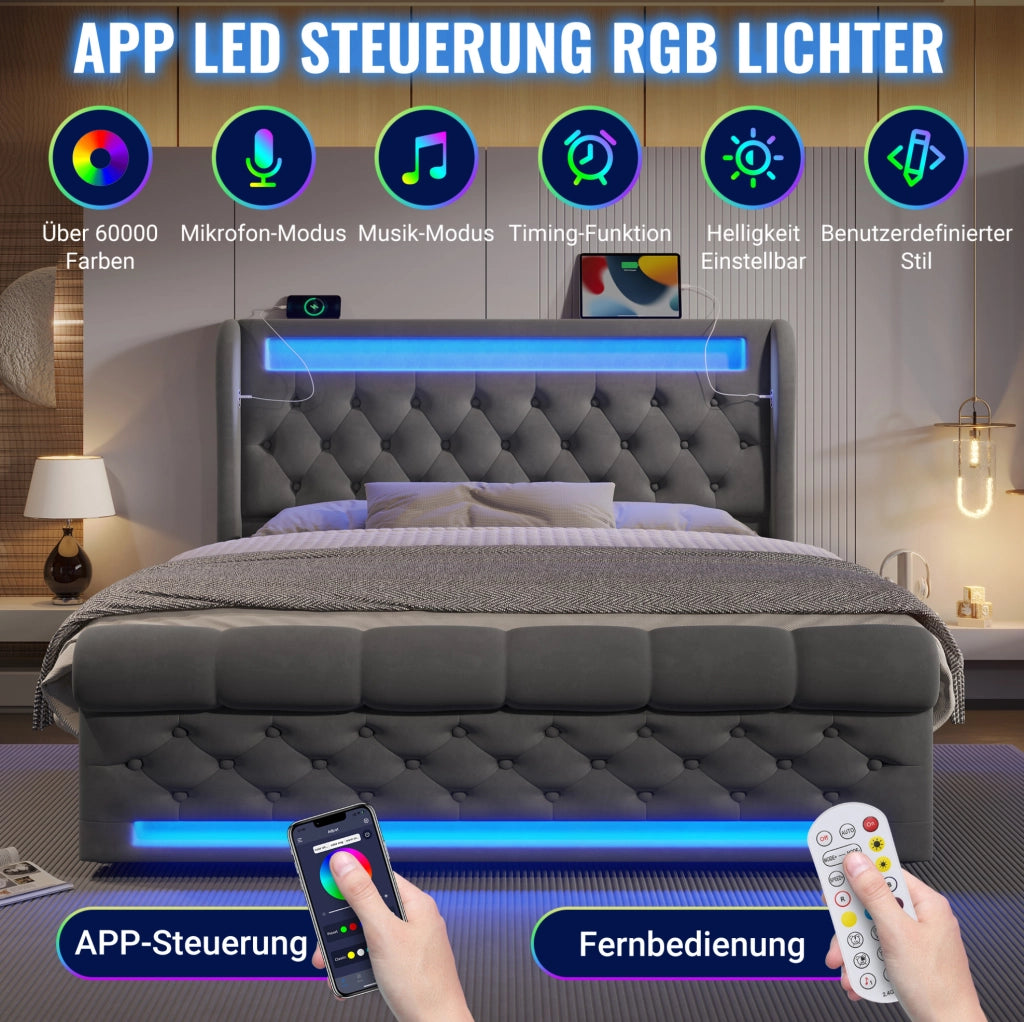 Letto matrimoniale 140x190 cm con LED, USB-C e vano contenitore
