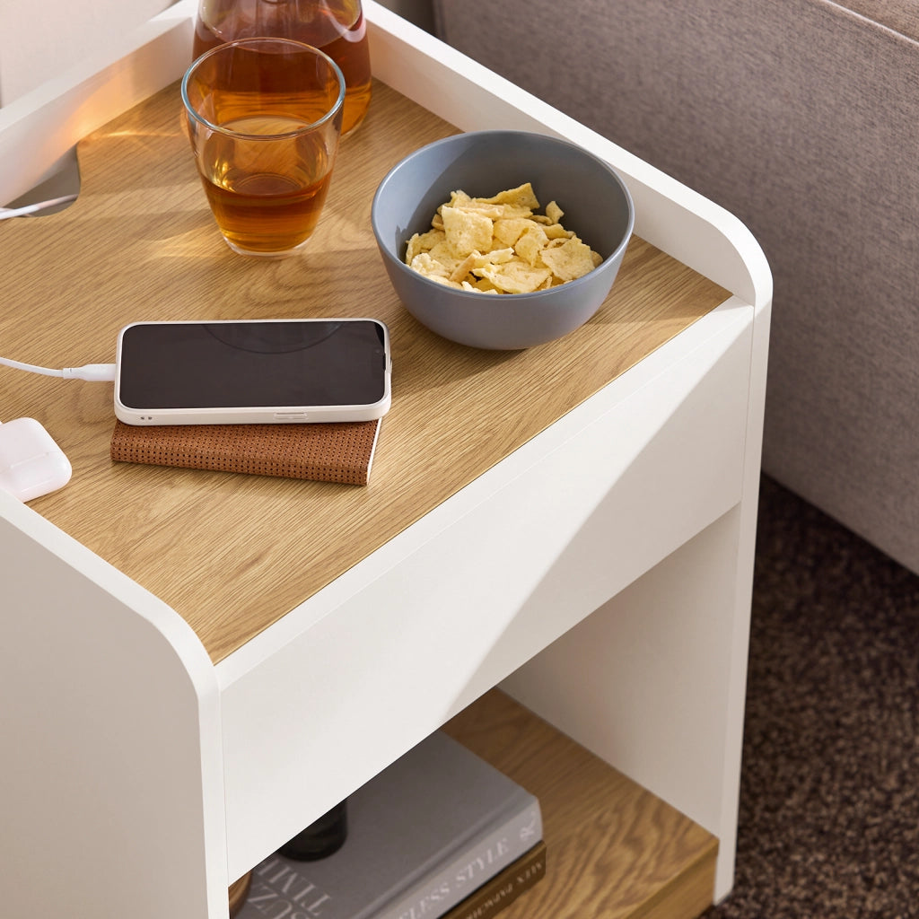 SoBuy Comodino per letto Tavolino stretto Tavolo telefono Bianco e Naturale 45x40x55cm FBT128-WN