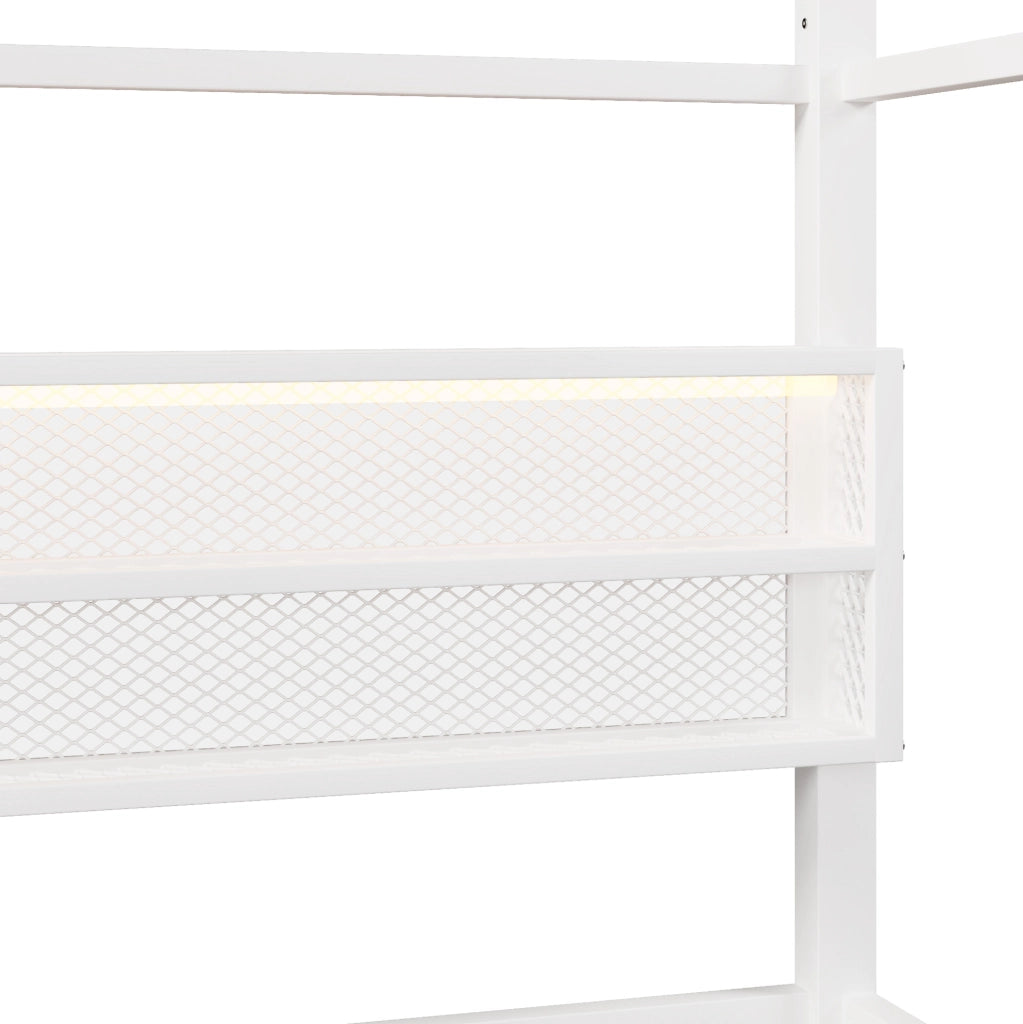 Letto per bambini a forma di casa 90x200 cm con recinto di sicurezza e LED; metallo bianco