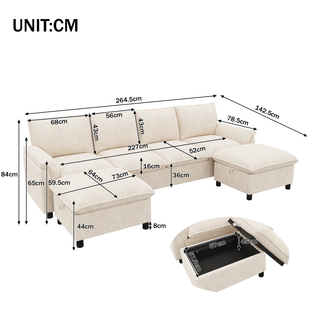 Divano modulare a U con 2 pouf contenitore e seduta profonda in ciniglia beige schienale alto 264,5 × 142,5 × 84 cm