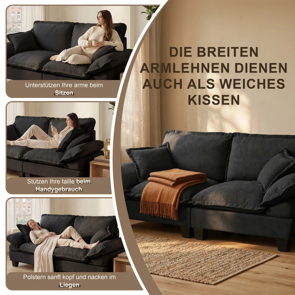 Scaffale modulare con braccioli curvi in chenille nero per piccoli spazi e appartamenti 263 × 82 × 90 cm