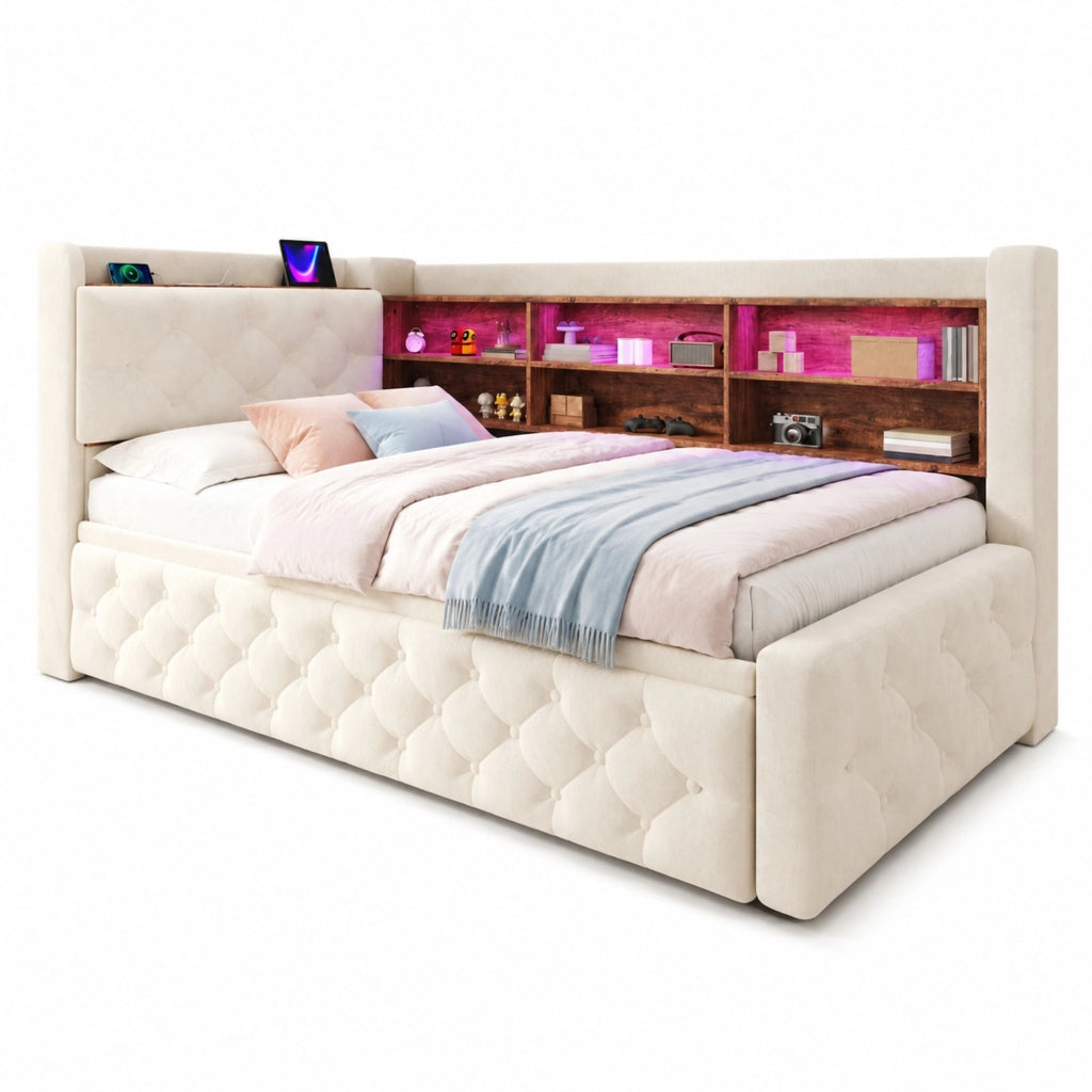 Letto a Divanetto 90x190 cm - Estraibile; LED; USB e Type-C - in Velluto - Beige