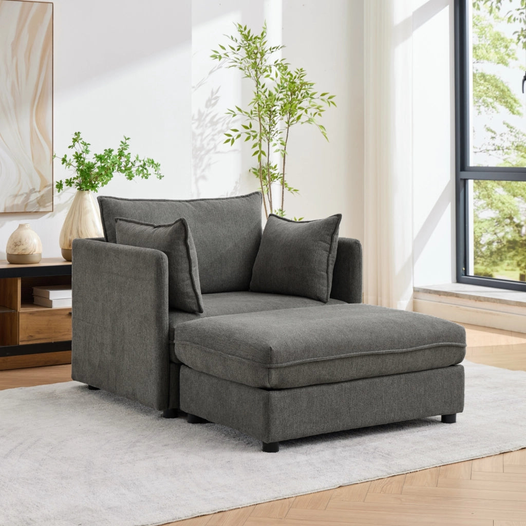 Poltrona lounge singola modulare con pouf contenitore in velluto grigio
