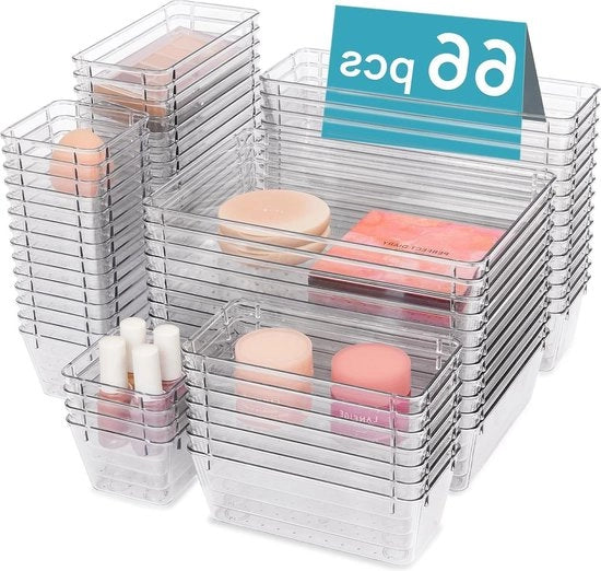Set di Organizzatori di Cassetti in Plastica Translucida da 66 pezzi - Ideale per l'Organizzazione di Casa e Ufficio